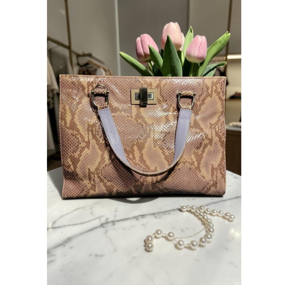Donald J. Pliner Snakeskin Embossed Leather Tote Bag Neutral Statement Bag
